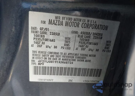 2001 Mazda Tribute Es V6/Lx V6 из США, поврежденный, VIN 4F2YU08191KM68724